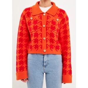 Anthropologie English Factory Houndstooth Cropped Cardigan Sweater Large Org/Red